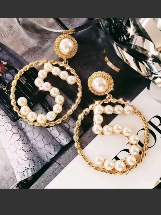 Jewelry - Gold Pearl Hoop Statement Earrings - Elegant Women Jewelry